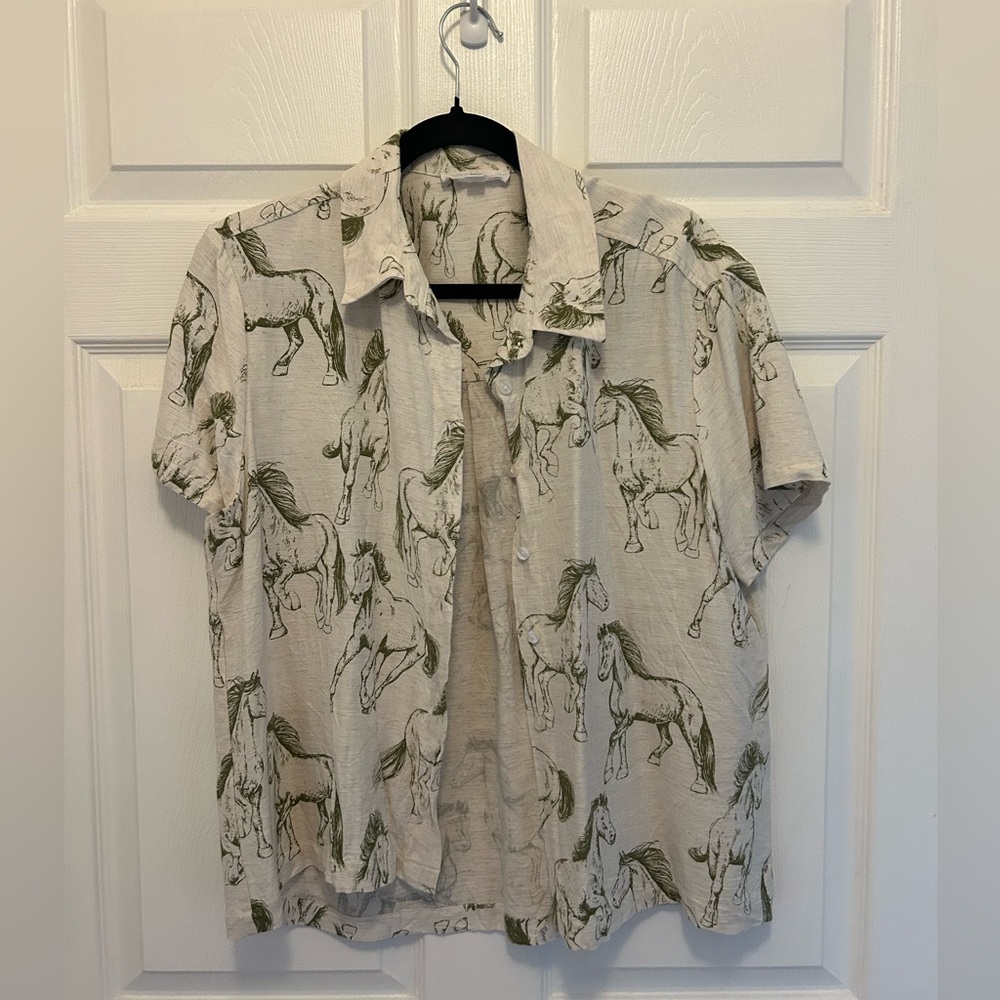 Cream & Green Horse Print Shirt